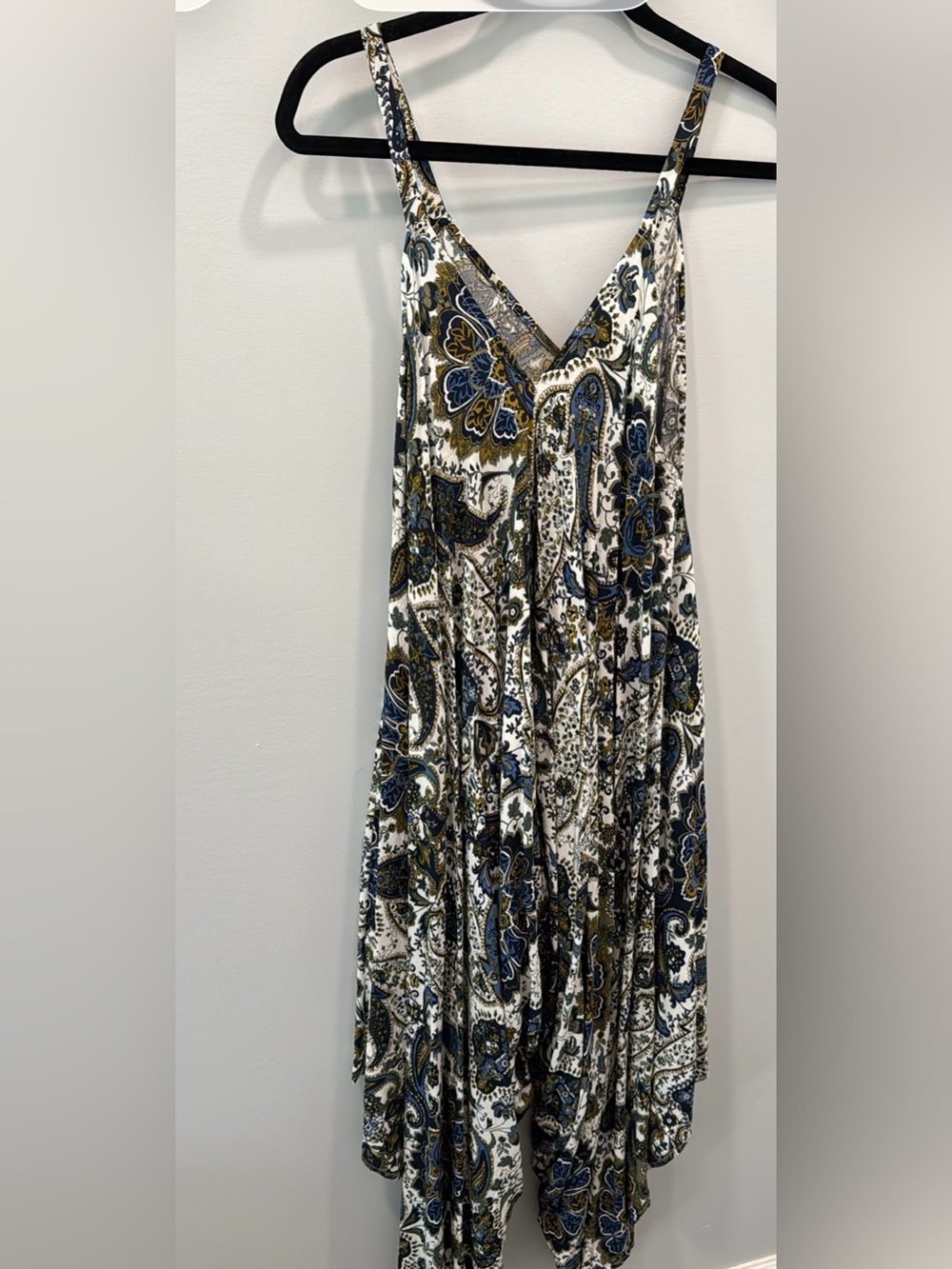 Paisley V-Neck Spaghetti Strap jumpsuit in Blue and Olive
